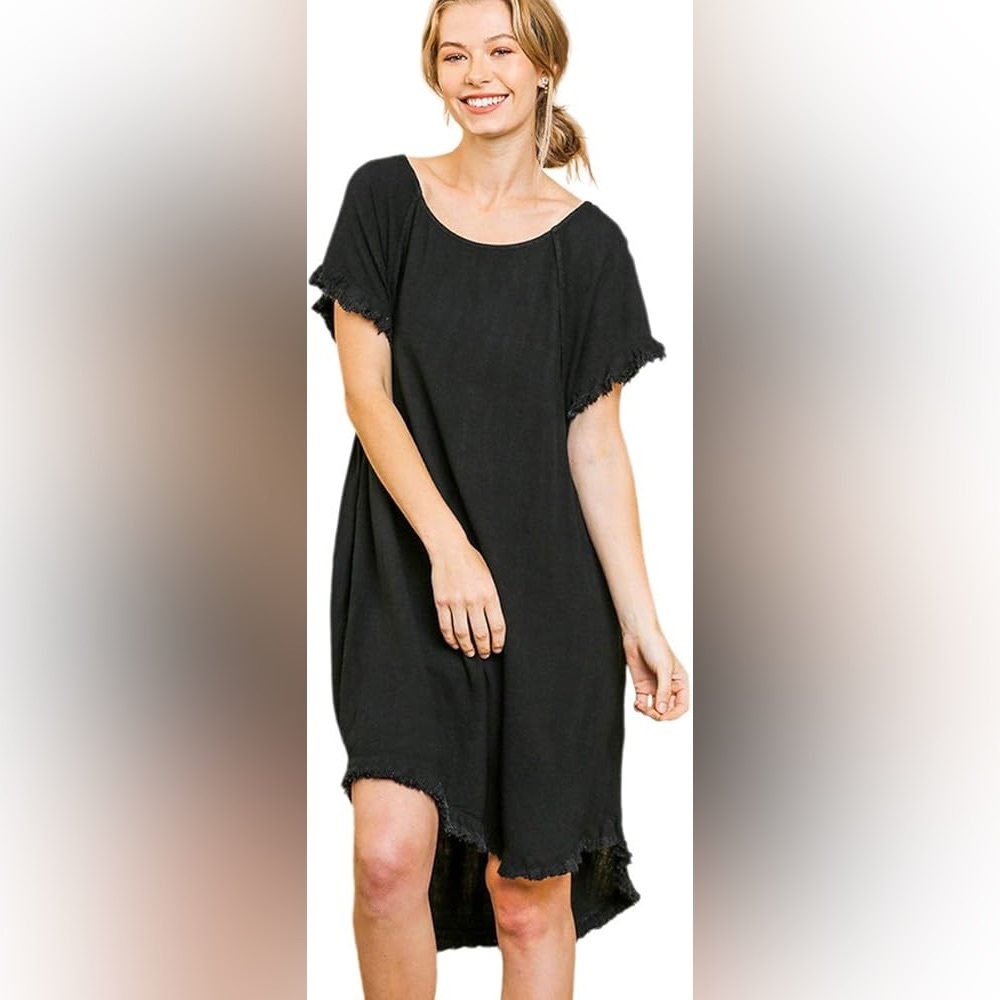 Umgee Elegant Black LINEN BLEND ROUND NECK POCKET DRESS WOMEN SIZE L